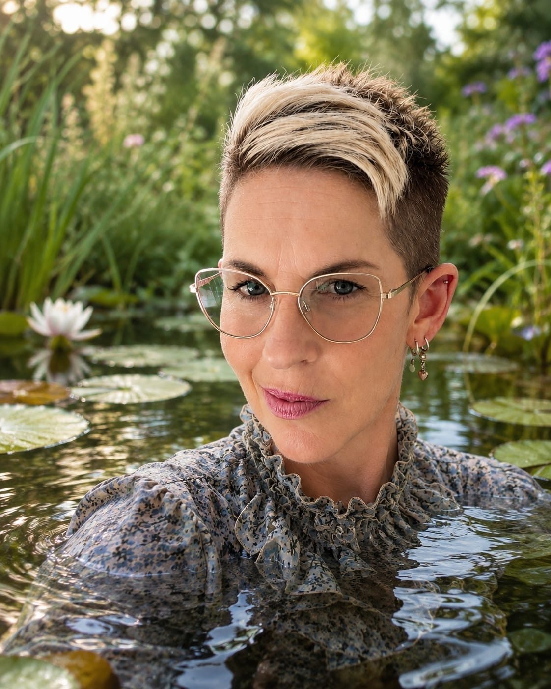 Anna Morris, garden designer, in a lily pond